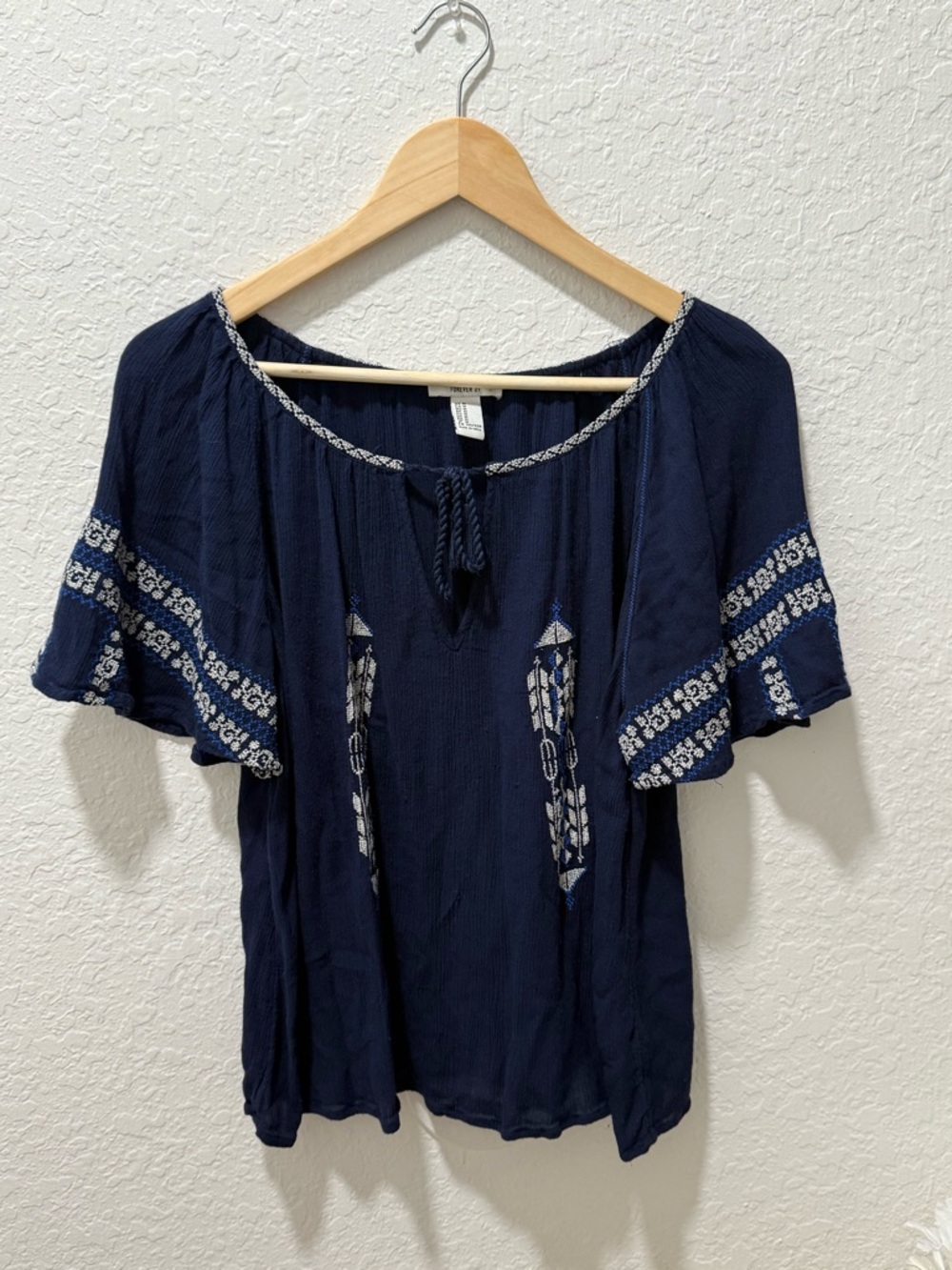 Forever 21 Navy Peasant Blouse with White Embroidery